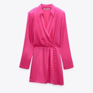 Magenta Satin Mini Button Dress